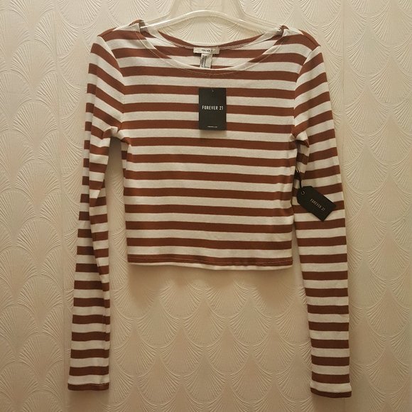 NWT Forever 21 long sleeve crop top M white brown - Picture 4 of 5